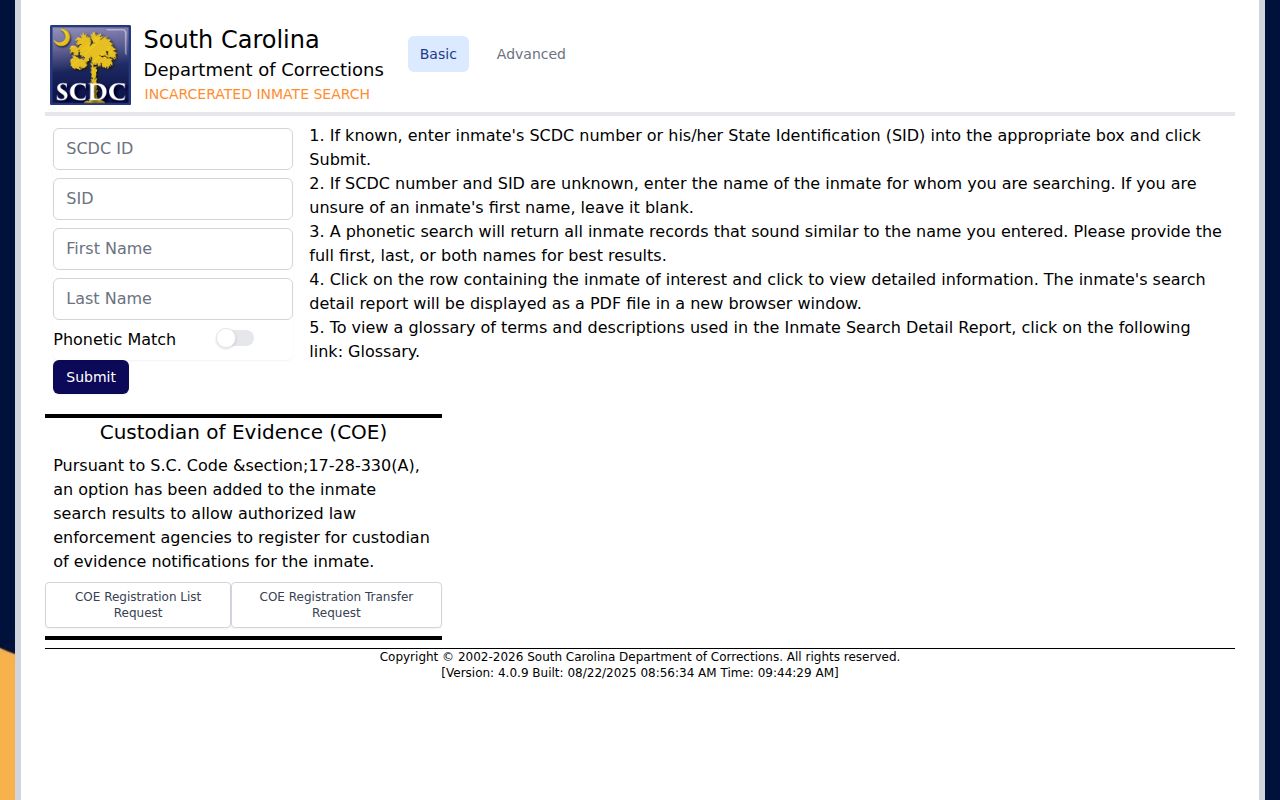 South Carolina Department of Corrections prisoner record search for Charleston County custody transitions