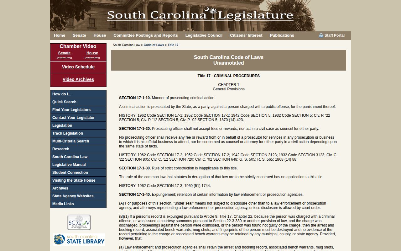 South Carolina statute page for Charleston County booking record law